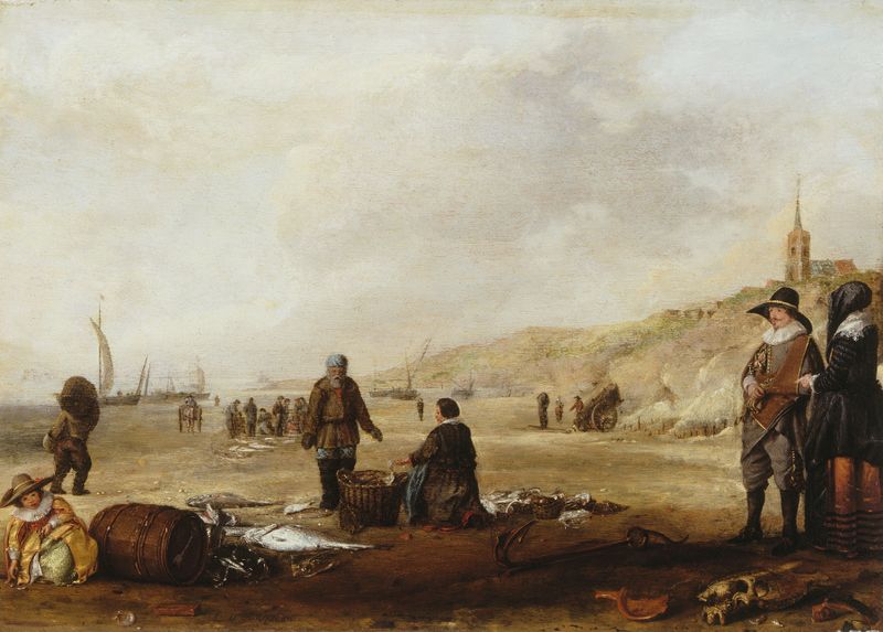 Marine scene with figures at the beach, oil on canvas by Hendrick van Anthonissen