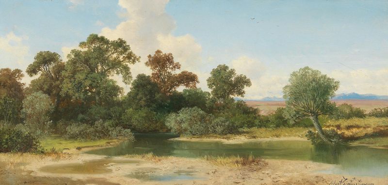 Landscape with stream and foothills by Albert Zimmermann, medium unknown