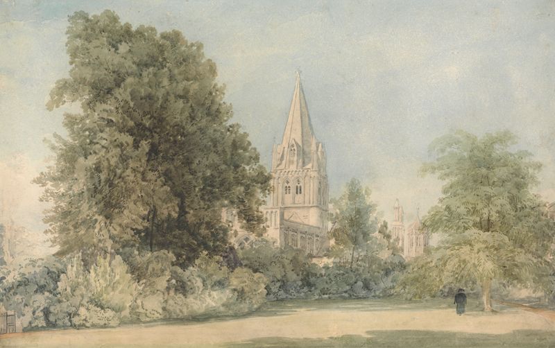 Watercolour by William Alfred Delamotte depicting Canon's Garden, Oxford with spires and shadows.