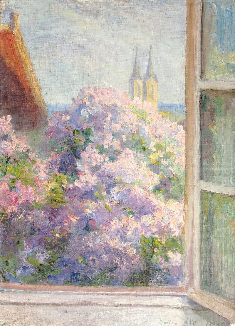 Pastel colors in a window view of Kaarli Church by Lilly Walther, oil painting