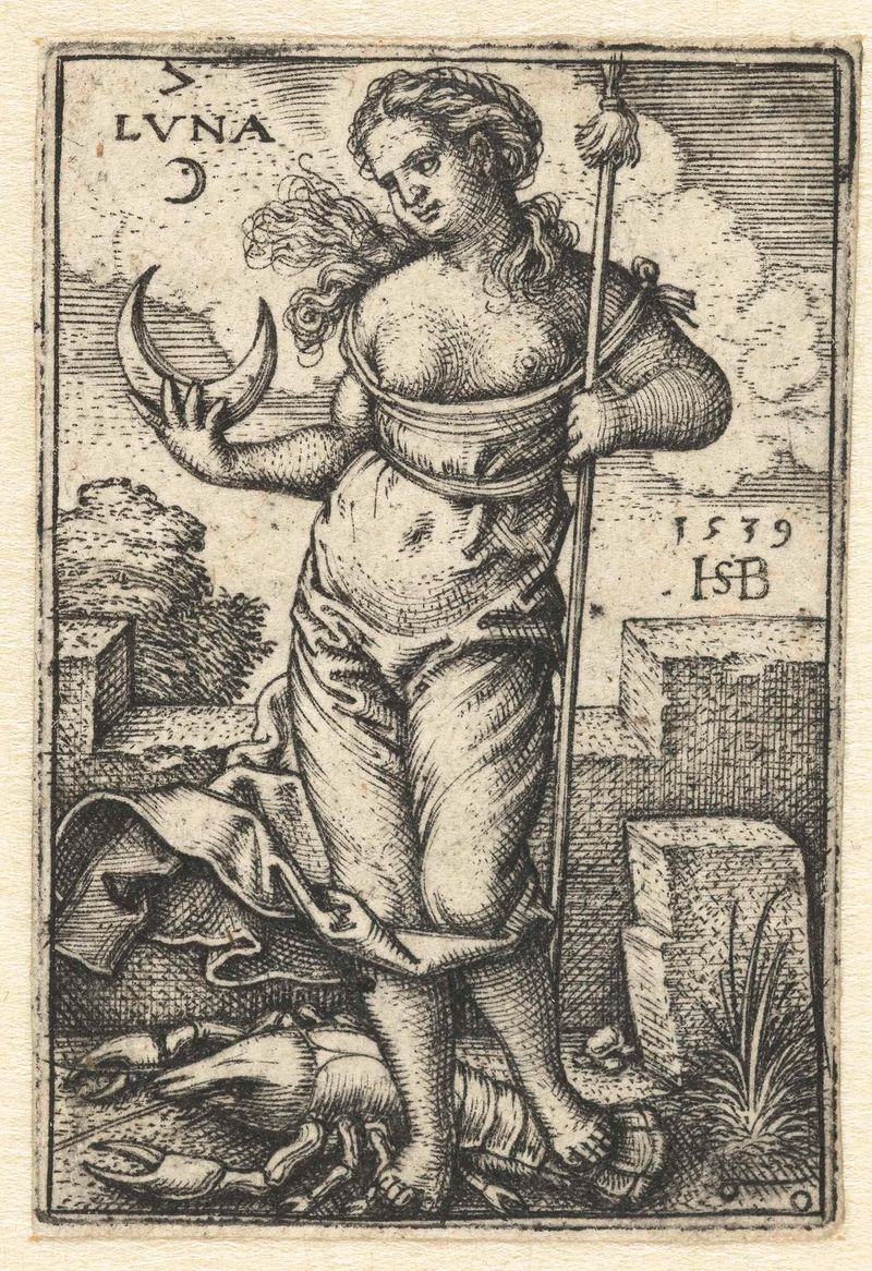 Grabado de Hans Sebald Beham que representa a Diana, la diosa de la caza, con motivos celestiales.