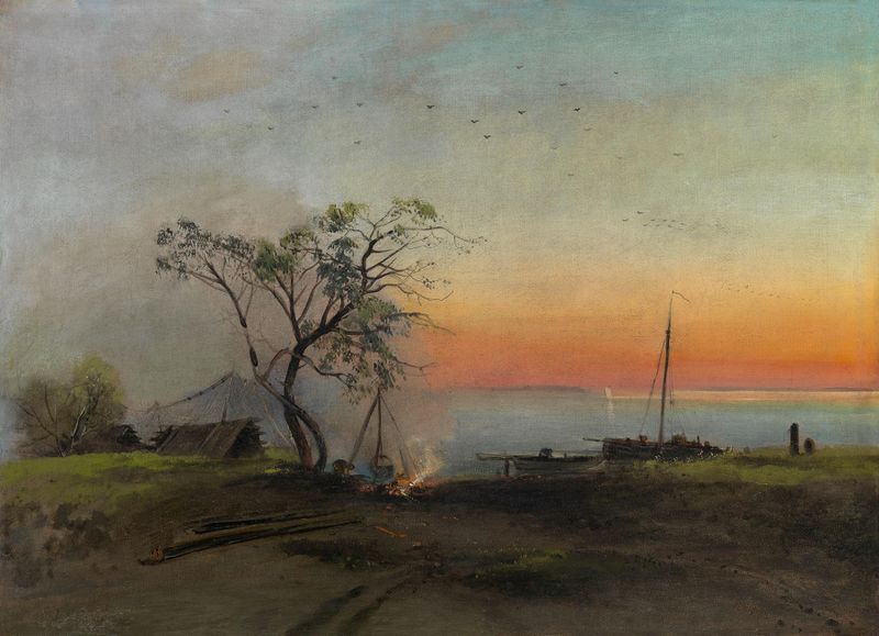 Fishermen on the Volga by Alexei Kondratievich Savrasov, oil painting depicting fishermen by the river