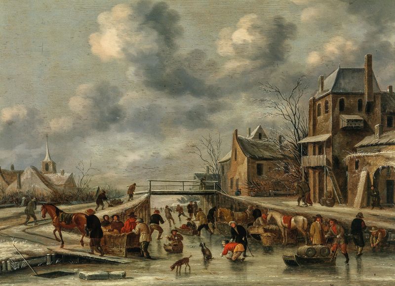 A winter landscape with skaters on a frozen river, oil on canvas by Nicolaes Molenaer
