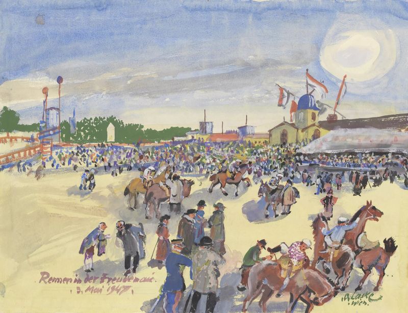 Escena de carrera de caballos de Oskar Laske, Expresionismo, que muestra caballos poderosos en movimiento.