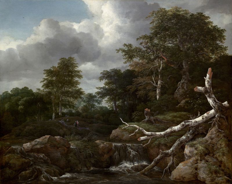 Forest Scene de Jacob van Ruisdael, pintura a óleo que retrata uma paisagem exuberante com árvores e luz filtrada.