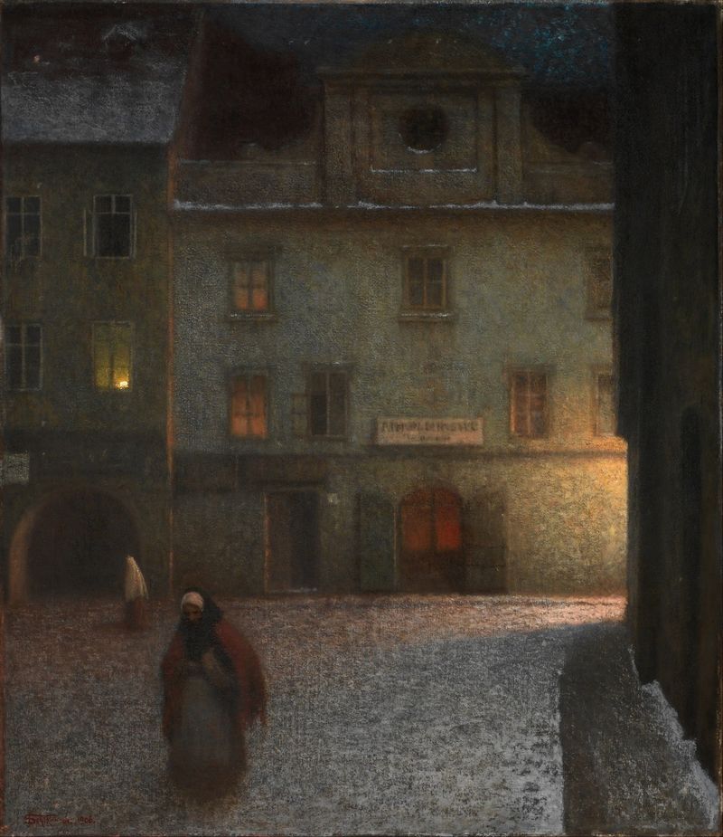 Evening Street by Jakub Schikaneder, oil painting depicting a solitary figure on a cobblestone street.