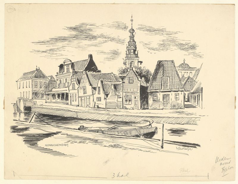 Paisagem de uma rua em Monnickendam com a Speeltoren, óleo sobre tela de Maarten Oortwijn.