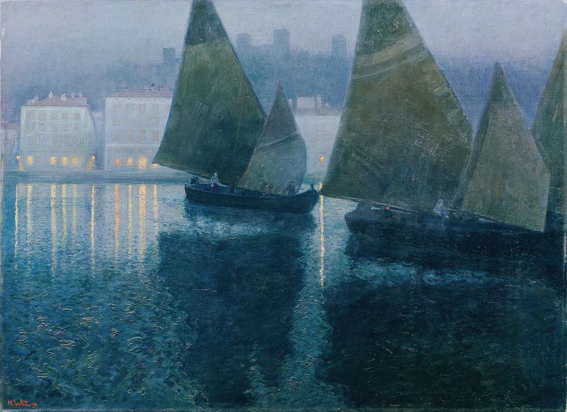 Oil painting by Hans Wilt depicting a harbor at twilight with a boat and moonlight reflections.