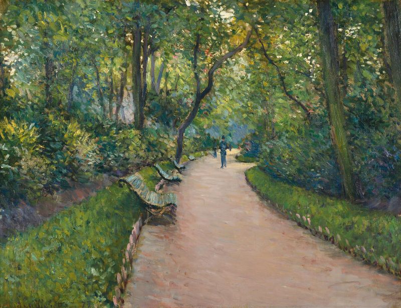 Le Parc Monceau de Gustave Caillebotte, pintura a óleo que mostra figuras caminhando em um parque.