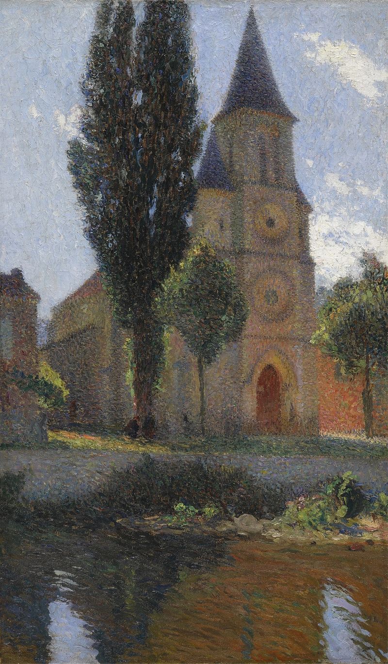 L’Église de Labastide-du-Vert, un matin d’été de Henri Martin, óleo sobre tela representando uma paisagem de manhã de verão.