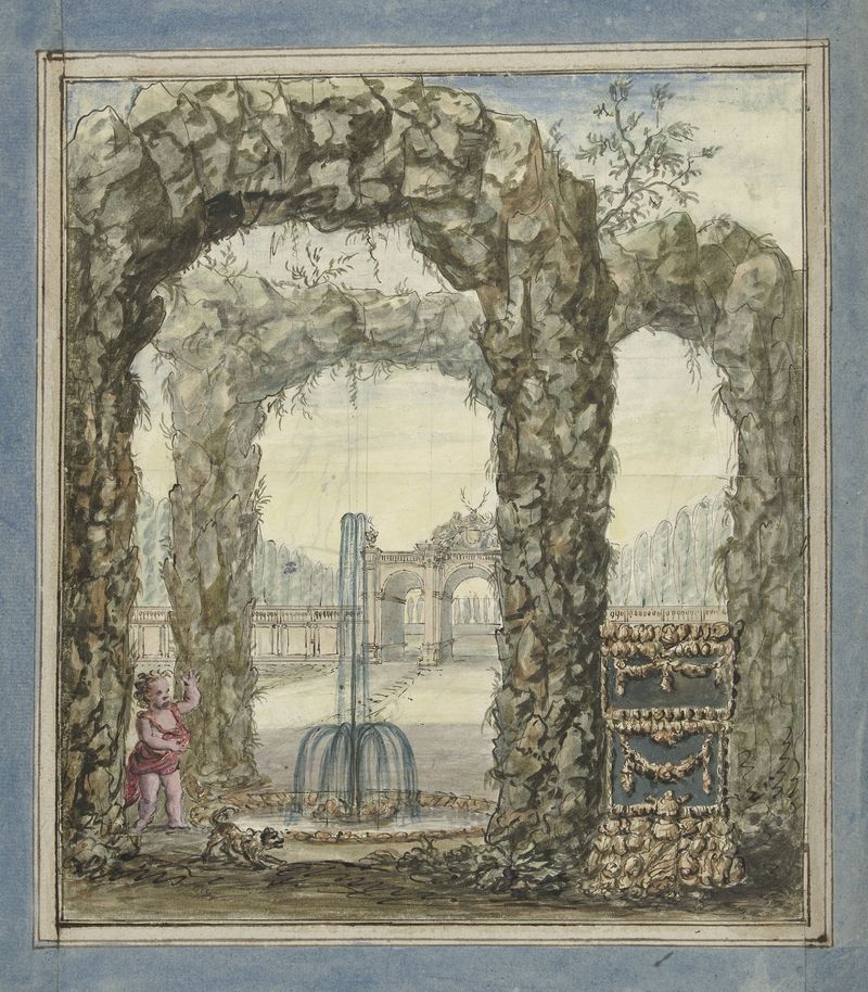 Interior with arches and a fountain, oil on canvas by Elias van Nijmegen