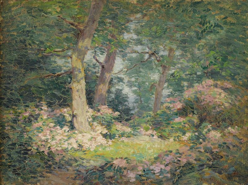 Pintura al óleo Mountain Laurel de Frank Alfred Bicknell con flores moradas vibrantes y exuberante vegetación.