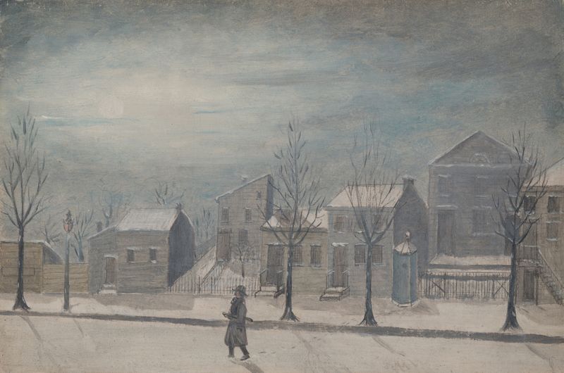 Figurative oil painting by William P. Chappel depicting a watchman in a city at dusk.