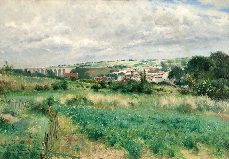 Landscape from Meudon by Johan Ericson, oil on canvas depicting gentle hills and a low sky