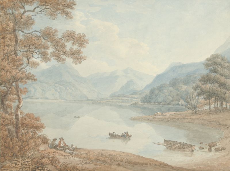 Watercolour by Thomas Hearne depicting Derwent Water, mountains, and clouds