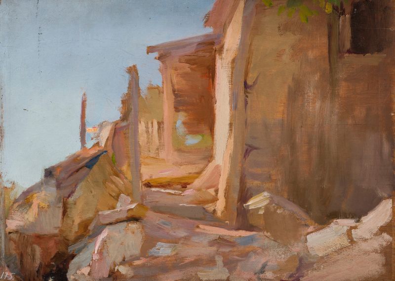 Pintura de paisaje al óleo de Jan Ciągliński con mar, montañas y cielo