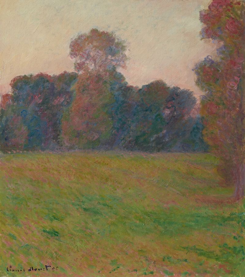 Prairie à Giverny de Claude Monet, pintura a óleo que retrata uma paisagem vibrante com flores e grama.