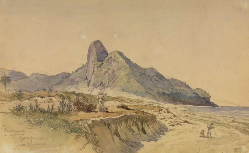 Landscape oil painting by Ferdinand Keller depicting mountains and gentle waves.