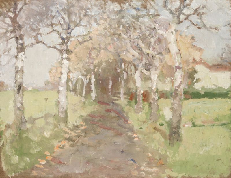 Landscape of tall trees lining a pathway, oil on canvas by Brynolf Wennerberg