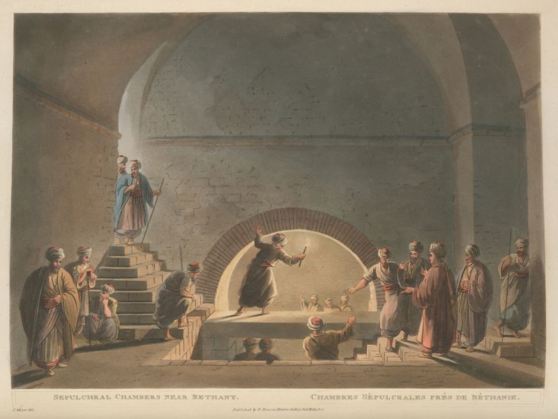 Sepulchral Chambers near Bethany de Luigi Mayer, retratando antigas estruturas de pedra iluminadas por luz suave.