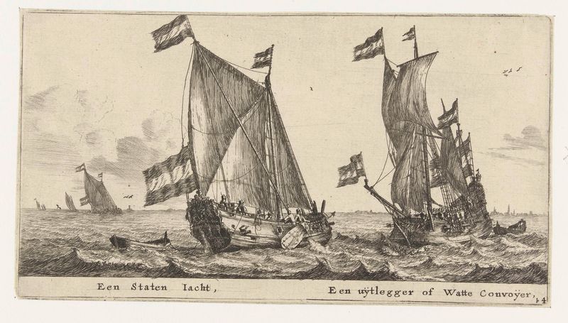 Etching by Reinier Nooms depicting a yacht and clouds over water.