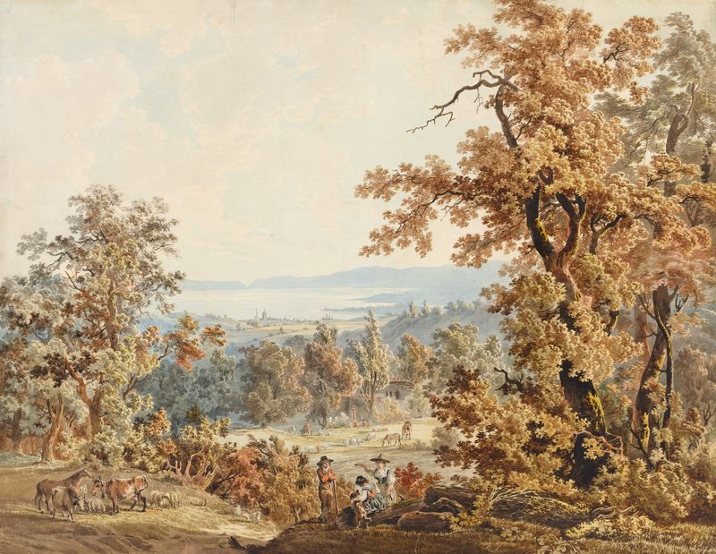 Oil painting by Johann Karl Müllener featuring a shepherdess in a serene landscape