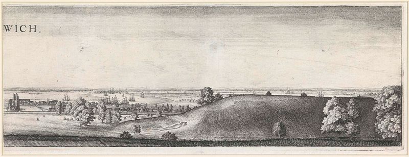 Grabado de Wenceslaus Hollar que representa Greenwich con río y edificios