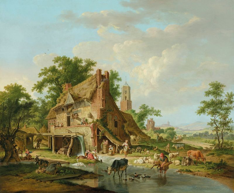 A watermill with farmyard animals and peasants, oil on canvas by Hendrik Meijer