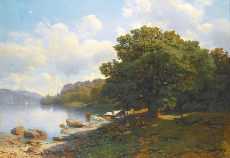 Oil on canvas by Mikhail Spiridonovich Erassi depicting a serene lake landscape.