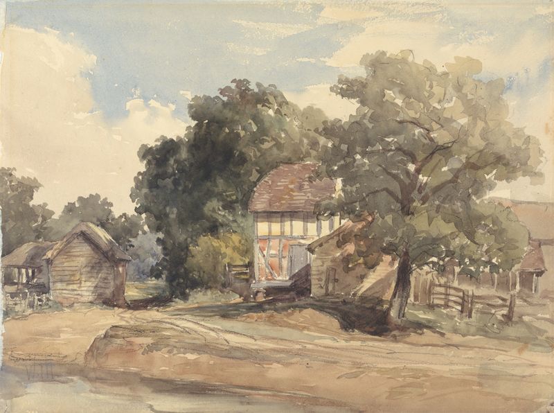 Farm Buildings by William James Müller, oil on canvas depicting rural structures and nature.