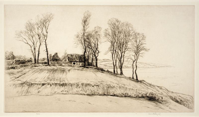 Grabado Brittany Farm de Kerr Eby que representa campos serenos y luz dorada