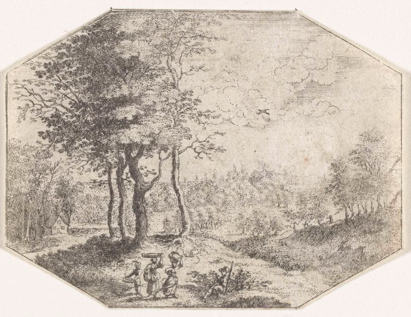 Gravura de Unknown Artist mostrando uma paisagem com duas mulheres e uma criança colhendo flores.