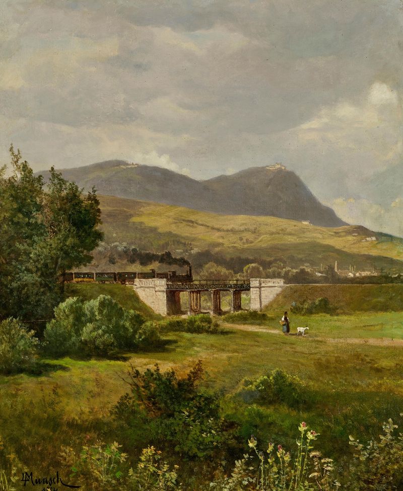 A steam train in a landscape, oil painting by Leopold Munsch