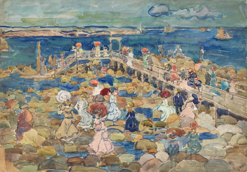 Low Tide, Beachmont de Maurice Prendergast, pintura al óleo que muestra bañistas junto al mar.