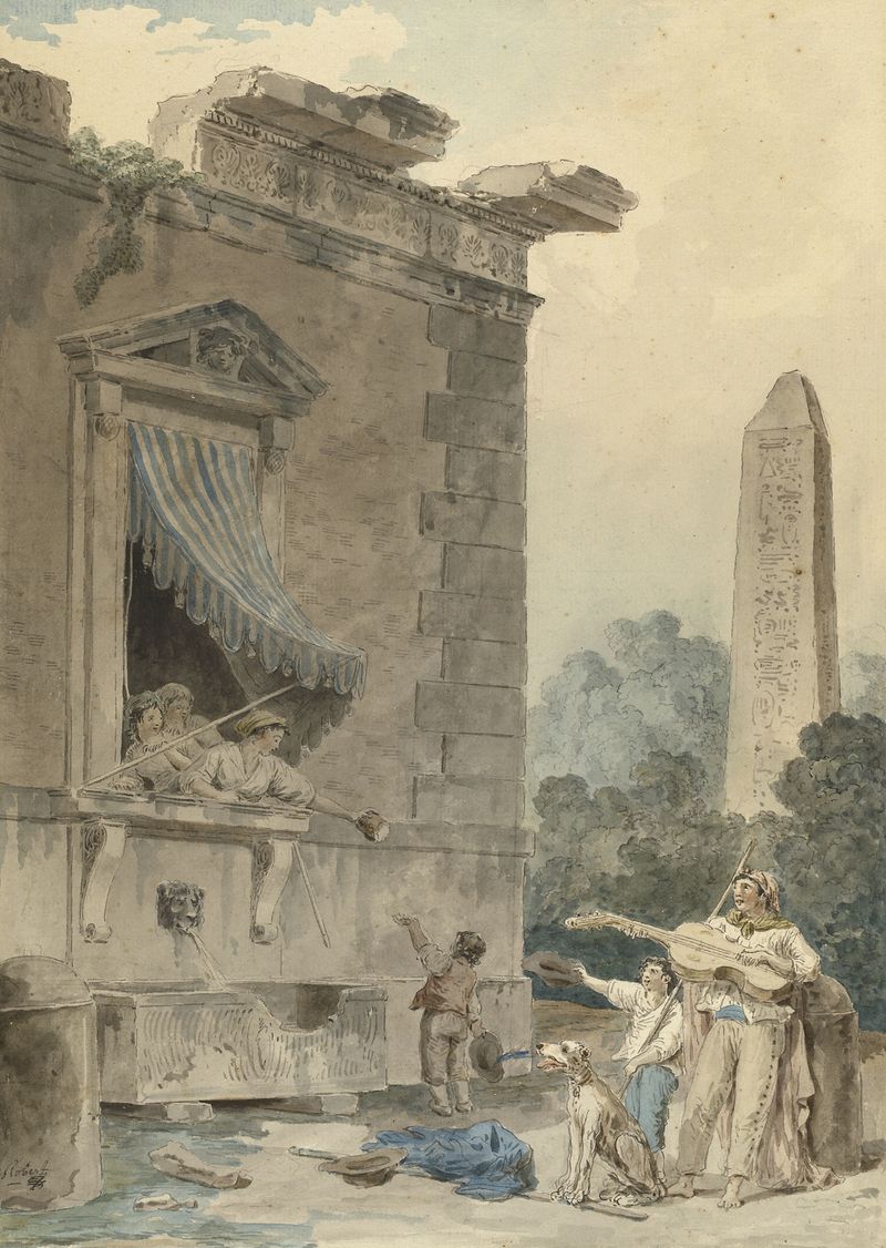 Damas Caritativas, óleo sobre lienzo de Hubert Robert, con figuras involucradas en la caridad.