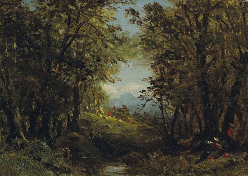 Landscape with Figures de John Frederick Kensett, pintura al óleo que muestra figuras en un paisaje exuberante