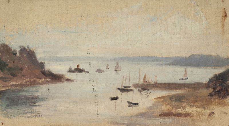 Cena marinha com um barco refletindo na água, pintura a óleo de Jeanne Jegou-Cadart