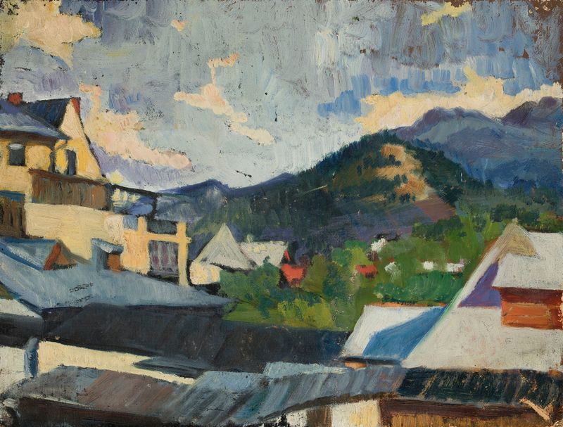 Roofs in the Sunshine, óleo sobre lienzo de Helena Eborowicz-Zaleska, que muestra techos bañados por la luz del sol bajo u...