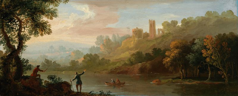 A River Scene by George Barret, oil painting depicting a serene river landscape with lush foliage.