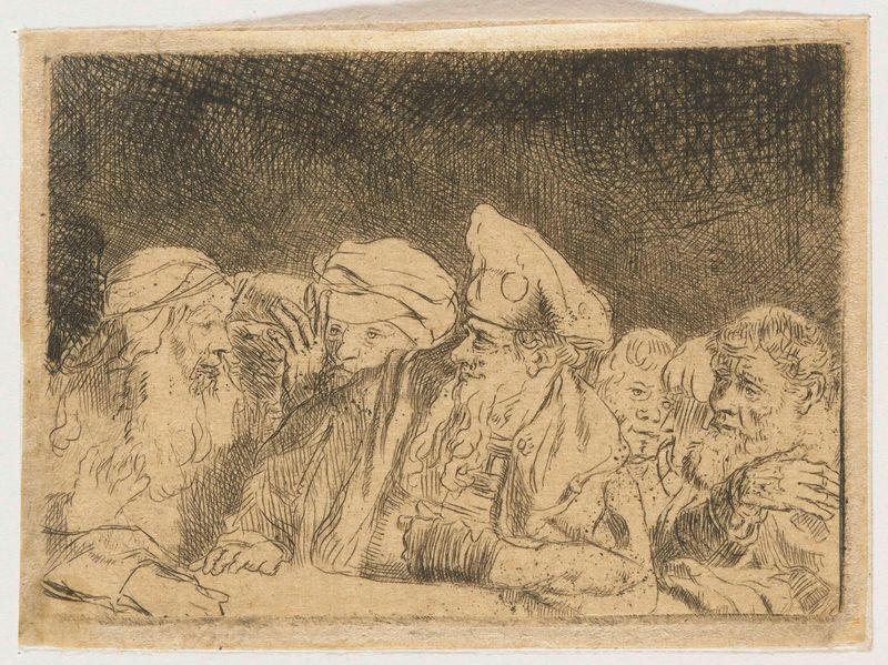 Etching by Rembrandt van Rijn showing figures leaning against a wall in shadow and light.