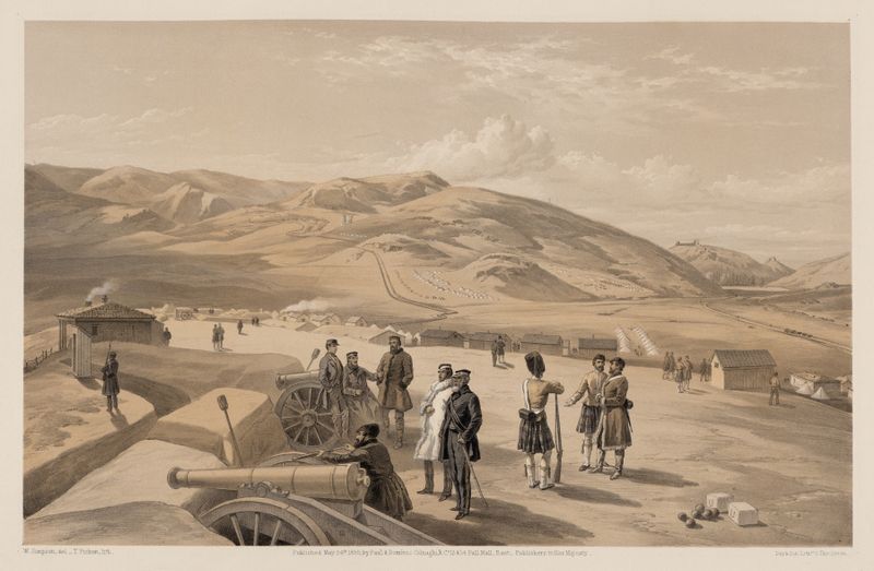 Acuarela de Highland Brigade camp por William Simpson, con tiendas y un paisaje.