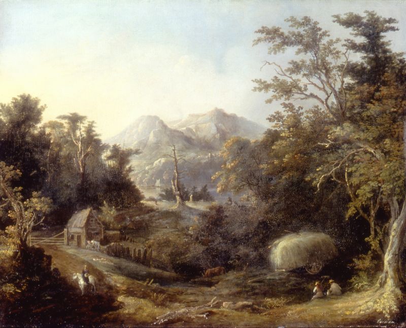 Paisagem com Fazenda e Montanhas de Charles Codman, pintura a óleo que retrata um cenário rural sereno.