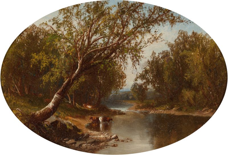 Cattle Watering, Realism, American School, depicting cattle by a river in a tranquil landscape