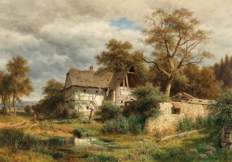 Uma fazenda dilapidada no vale de Laabach, pintura a óleo de Ludwig Halauska