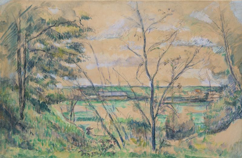 No Vale do Oise de Paul Cezanne, óleo sobre tela que retrata uma paisagem com árvores e um rio.