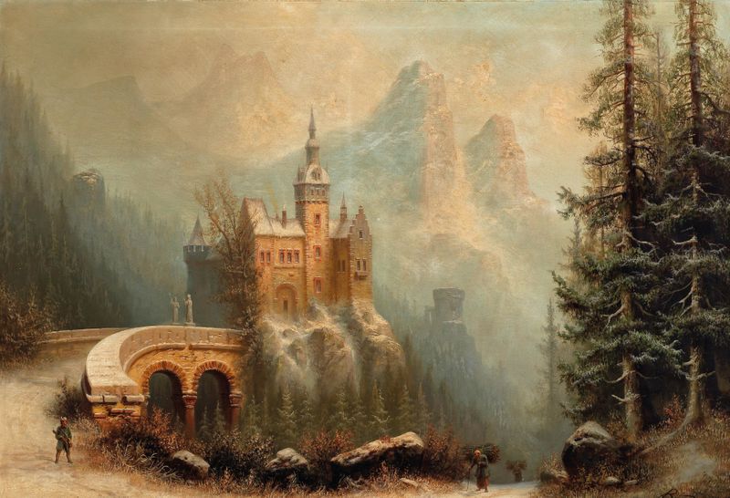 Winter landscape with a castle and mountains by Albert Bredow, oil painting