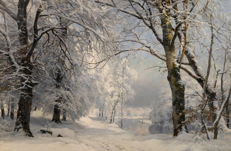 Forest In Winter, óleo sobre tela de Anders Andersen-Lundby, mostrando uma paisagem nevada com árvores.