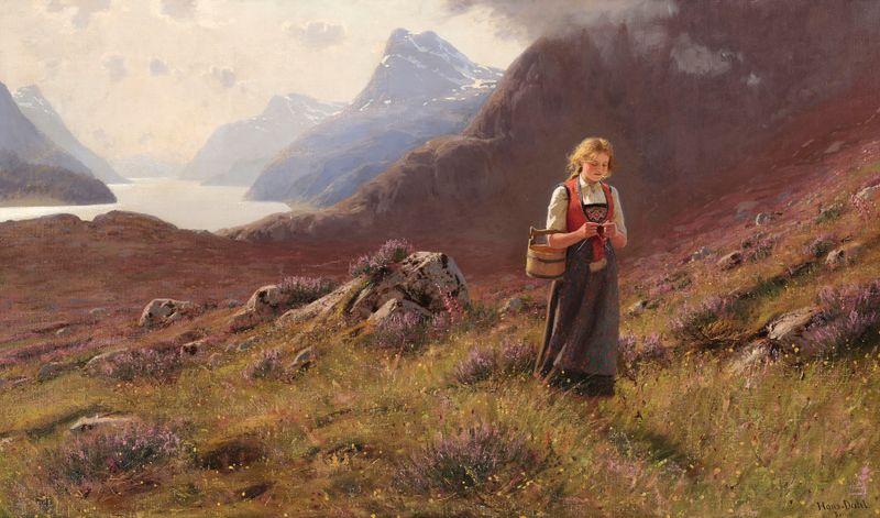 A girl knitting in a Norwegian landscape, oil on canvas by Hans Dahl