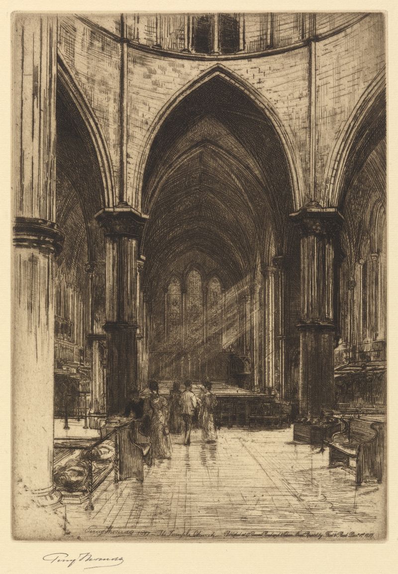 The Temple, London by Percy Thomas, depicting a grand facade with storm clouds, Victorian style