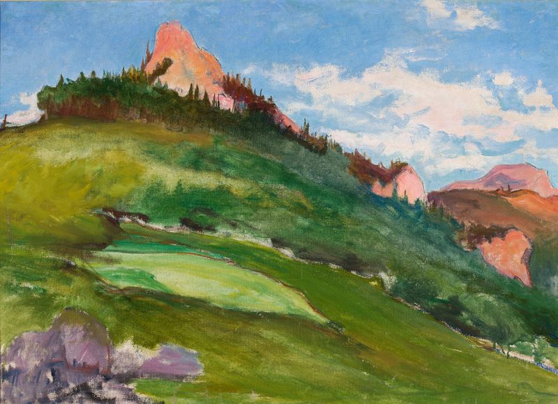 Landscape with pink mountain peaks, oil on canvas by Władysław Ślewiński